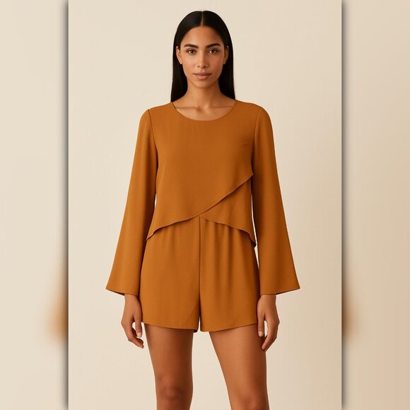 Lively Lumina Pants - A078 • Caramel Long Sleeve Overlay Romper with Keyhole Back